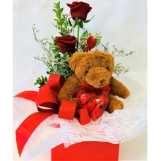 2 Red Roses in a Box with a Cuddly Soft Toy & Chocolate Heart